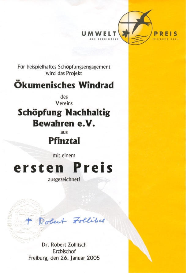 Urkunde des 1. Umweltpreises